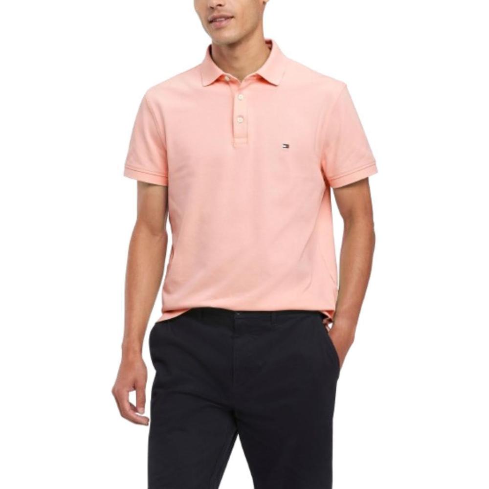imageTommy Hilfiger Mens Short Sleeve Polo Shirts in Slim Fit with Stretch and Organic Pique CottonTeaberry Blossom