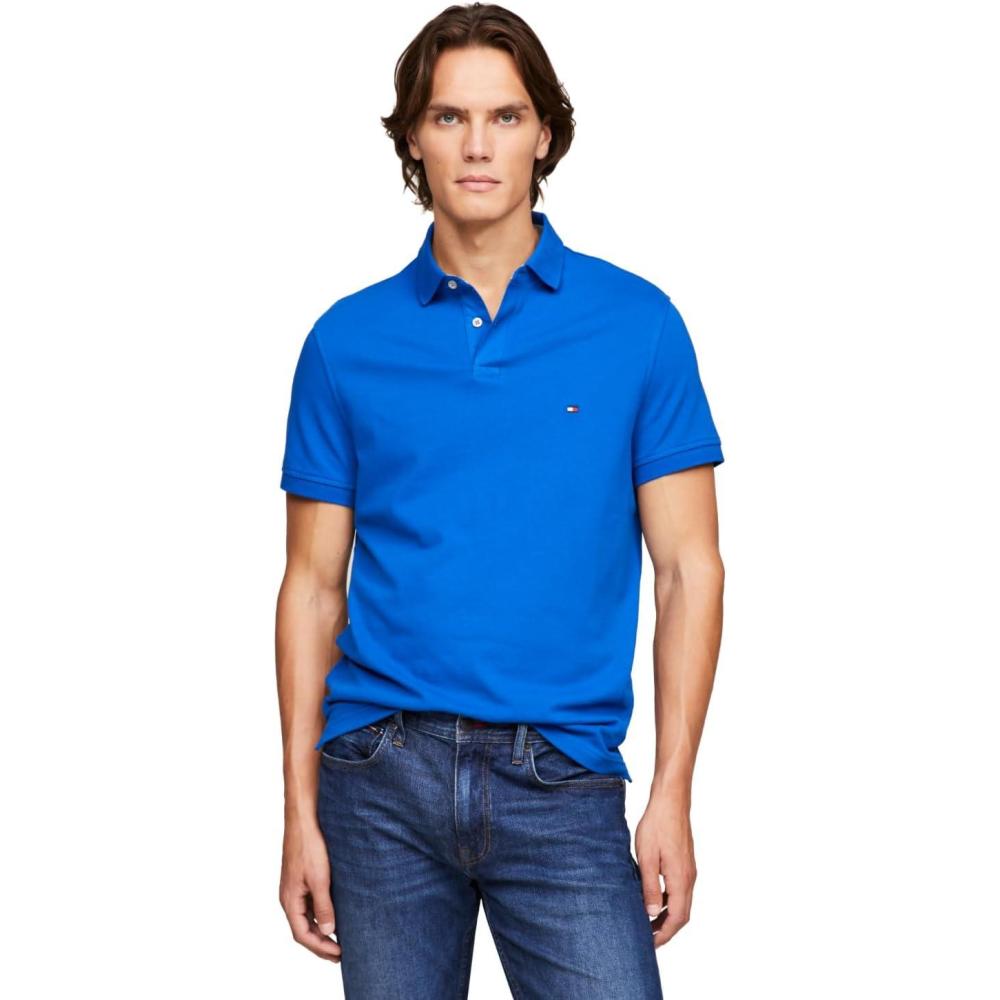 imageTommy Hilfiger Mens Short Sleeve Polo Shirts in Slim Fit with Stretch and Organic Pique CottonUltra Blue