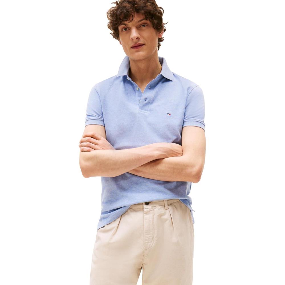 imageTommy Hilfiger Mens Short Sleeve Polo Shirts in Slim Fit with Stretch and Organic Pique CottonVessel Blue Heather
