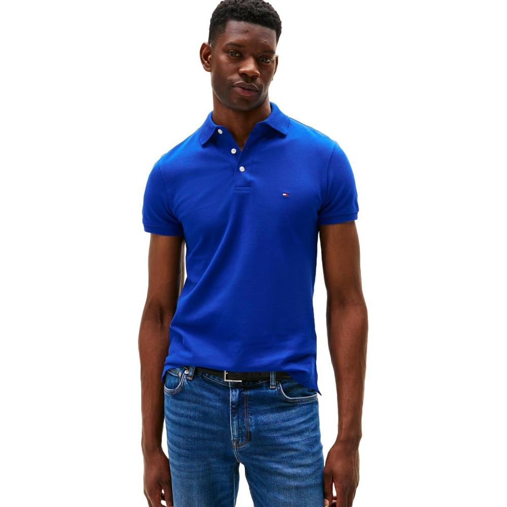 imageTommy Hilfiger Mens Short Sleeve Polo Shirts in Slim Fit with Stretch and Organic Pique CottonWedge Blue