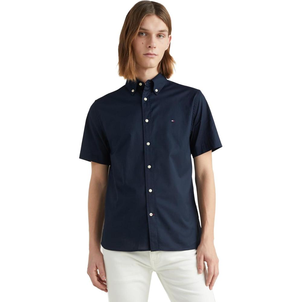 imageTommy Hilfiger Mens Short Sleeve Poplin Shirts in Regular Fit Mens Button Down ShirtsDesert Sky