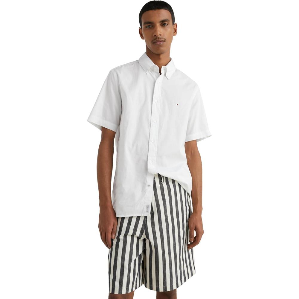 imageTommy Hilfiger Mens Short Sleeve Poplin Shirts in Regular Fit Mens Button Down ShirtsWhite