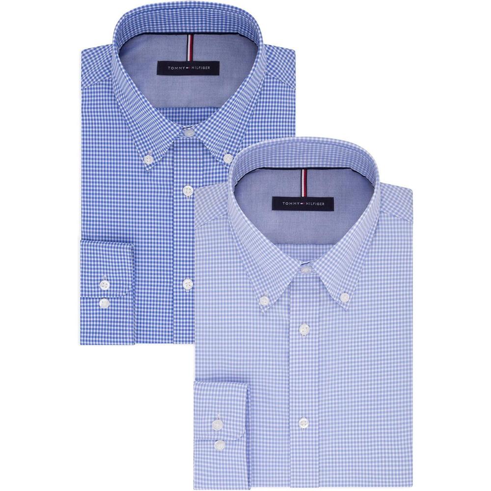 imageTommy Hilfiger Mens Slim Fit Non Iron Gingham Dress ShirtEnglish BlueClear Water
