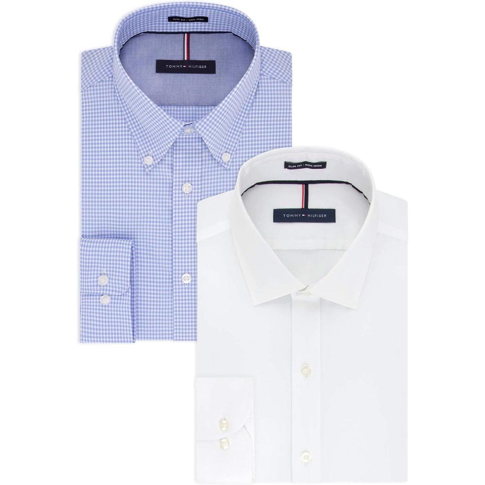 imageTommy Hilfiger Mens Slim Fit Non Iron Solid Dress ShirtWhiteClear Water
