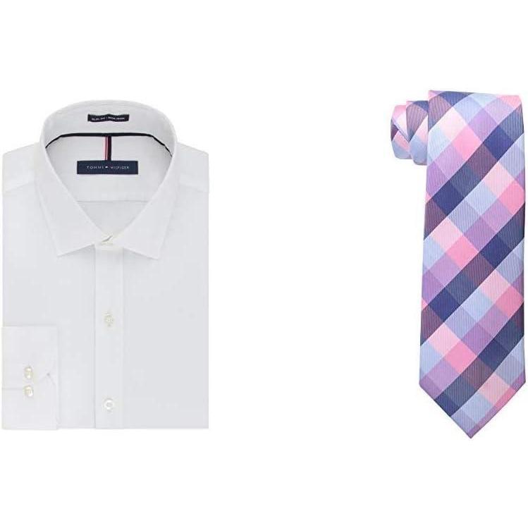 imageTommy Hilfiger Mens Slim Fit Non Iron Solid Dress ShirtWhitePink Shirt Tie Combo