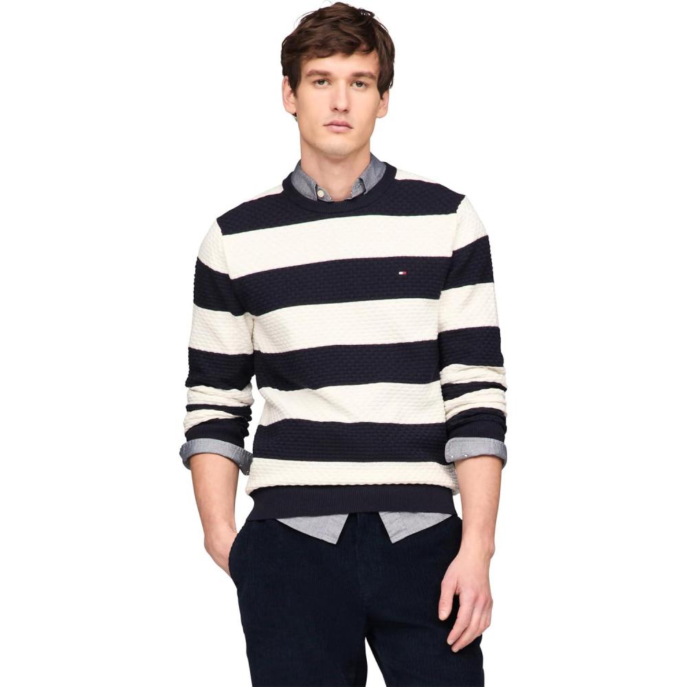 imageTommy Hilfiger Mens Textured Waffle Knit Crewneck Sweater Lightweight Pullover Available in Big ampamp TallDesert Sky  Ivory