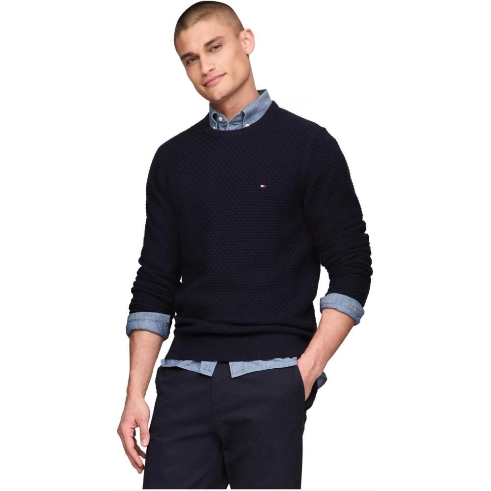 imageTommy Hilfiger Mens Textured Waffle Knit Crewneck Sweater Lightweight Pullover Available in Big ampamp TallDesert Sky