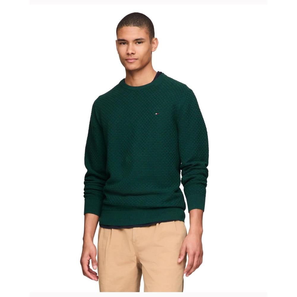 imageTommy Hilfiger Mens Textured Waffle Knit Crewneck Sweater Lightweight Pullover Available in Big ampamp TallOrnamental Green Heather