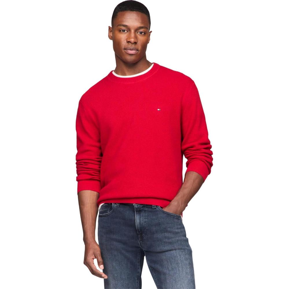 imageTommy Hilfiger Mens Textured Waffle Knit Crewneck Sweater Lightweight Pullover Available in Big ampamp TallPrimary Red