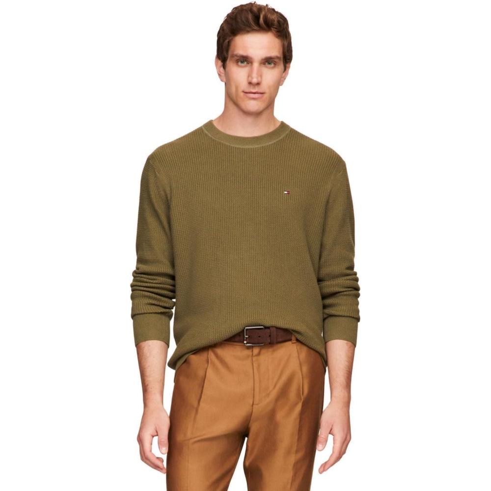 imageTommy Hilfiger Mens Textured Waffle Knit Crewneck Sweater Lightweight Pullover Available in Big ampamp TallUtility Olive