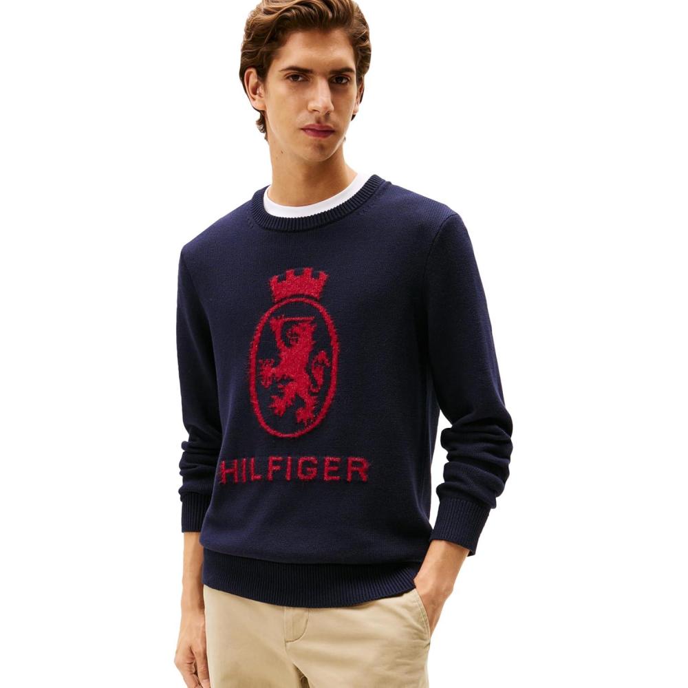 imageTommy Hilfiger mens Cotton Crest Crewneck Sweater Lightweight PulloverDesert SkyRegatta Red