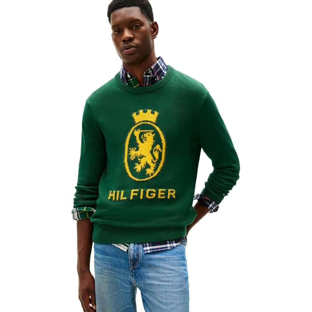 imageTommy Hilfiger mens Cotton Crest Crewneck Sweater Lightweight PulloverOrnamental GreenCountryside Yellow