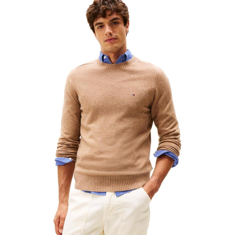 imageTommy Hilfiger mens Lambswool Crewneck Sweater PulloverSafari Canvas Heather