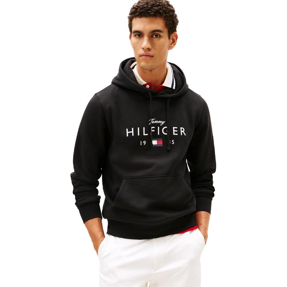 imageTommy Hilfiger mens Medium Weight Cotton Hoodie Sweatshirt With Printed Logo and DrawstringBlack