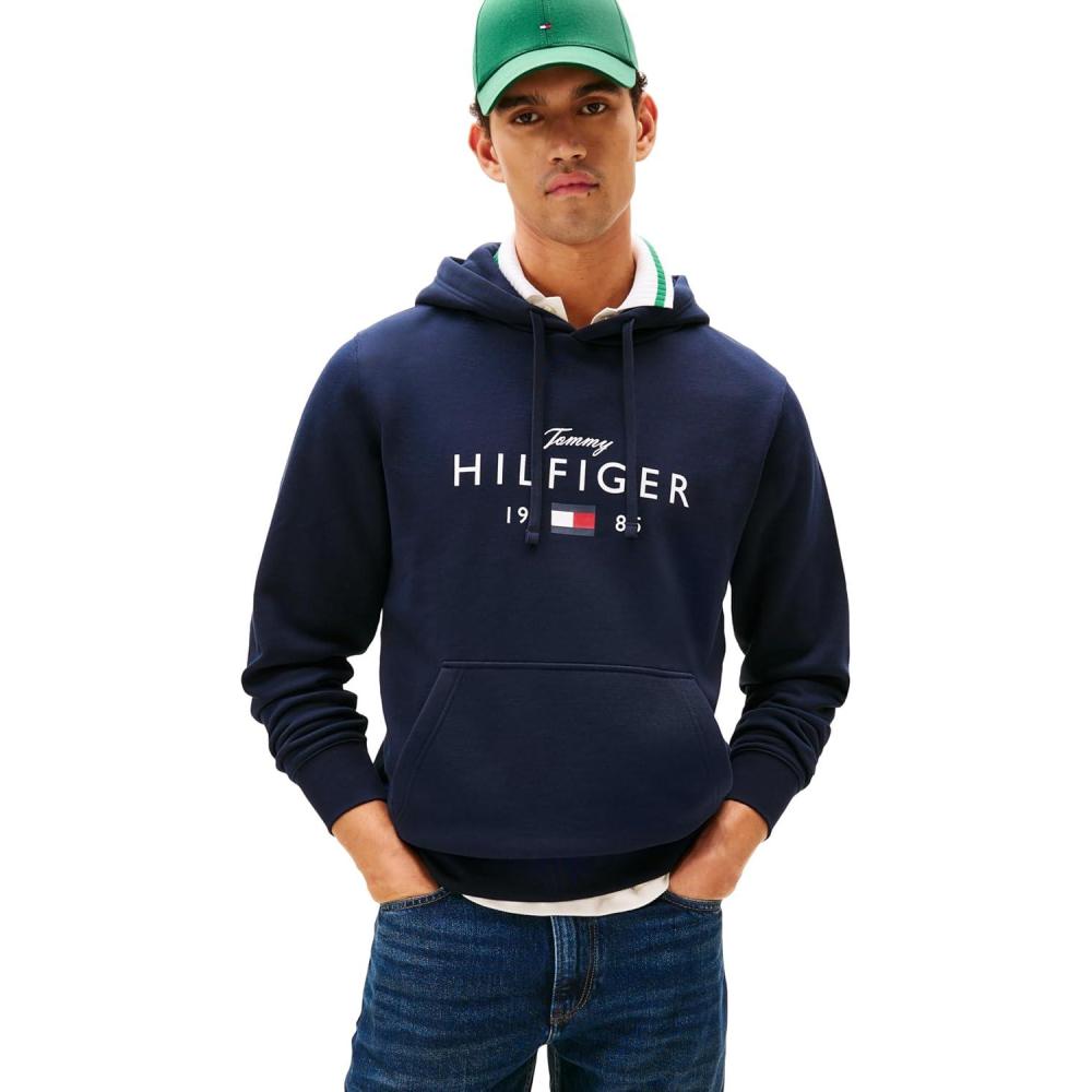 imageTommy Hilfiger mens Medium Weight Cotton Hoodie Sweatshirt With Printed Logo and DrawstringDesert Sky