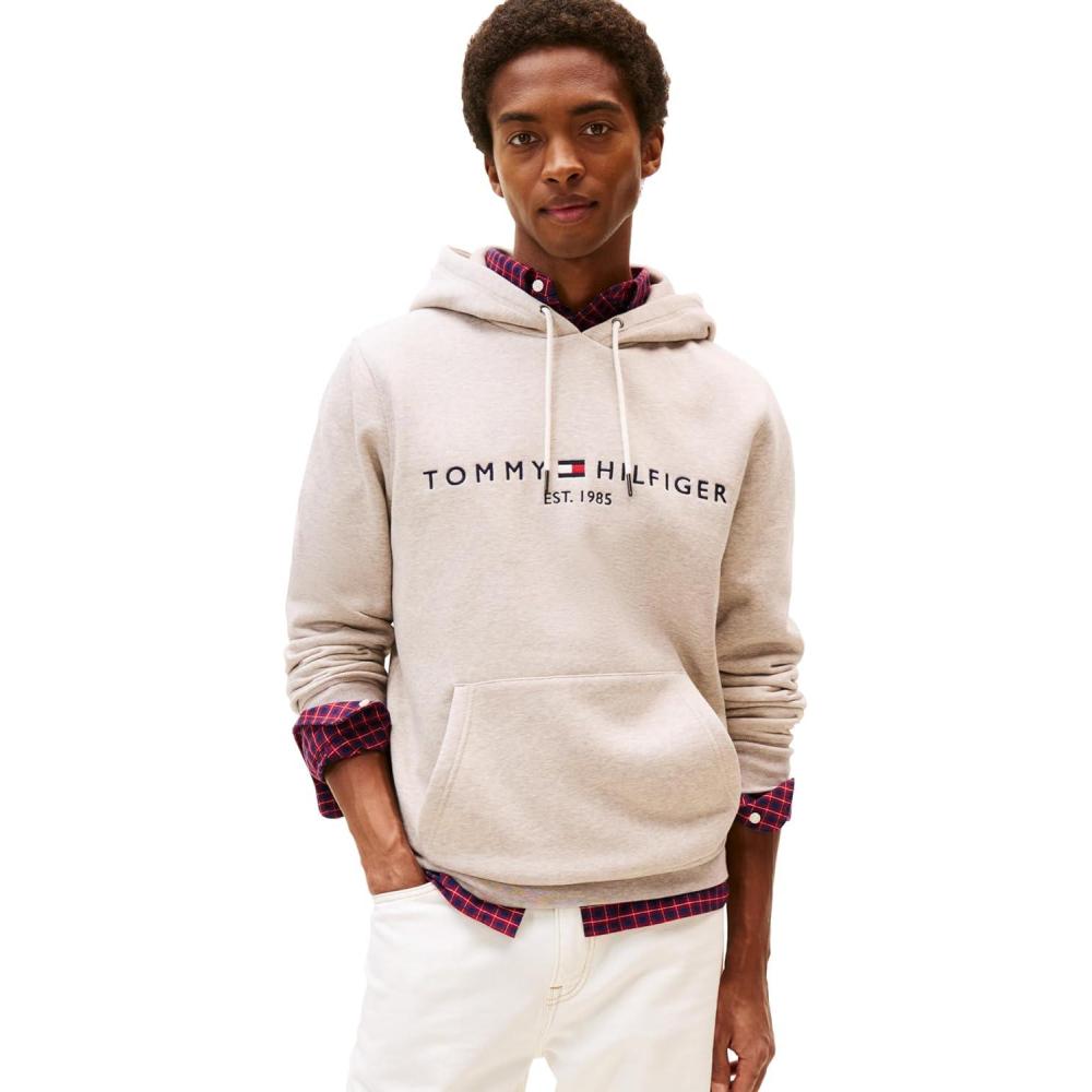 imageTommy Hilfiger mens Medium Weight Fleece Hoodie Sweatshirt With Embroidered Logo Also Available in Big ampamp TallHeathered Pebble