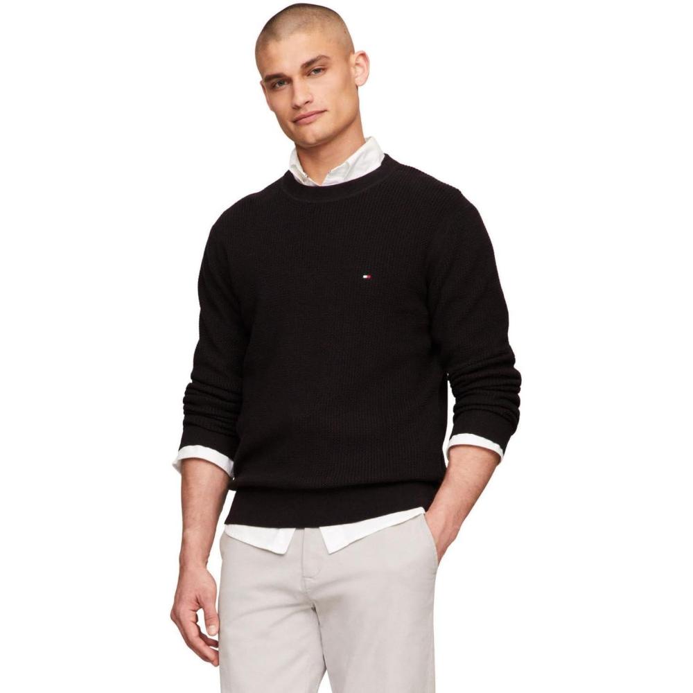 imageTommy Hilfiger mens Waffle Knit Crewneck Sweater Lightweight Pullover Also Available in Big ampamp TallBlack