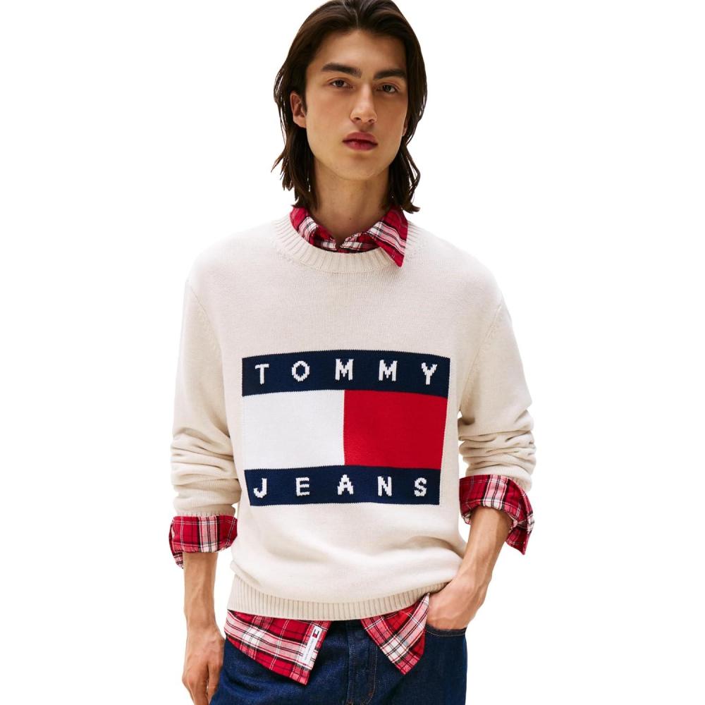 imageTommy Jeans Mens Medium Weight Crewneck Sweater with Flag LogoAncient White Heather