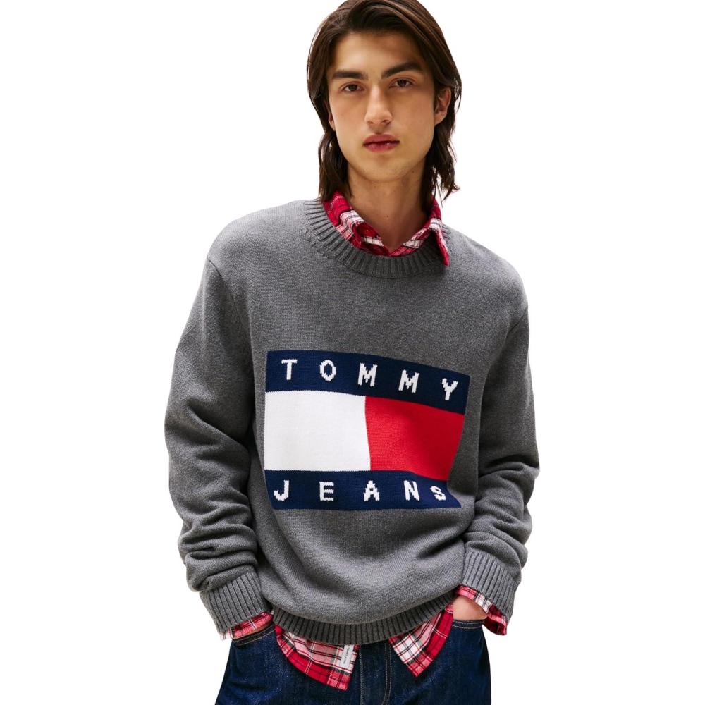 imageTommy Jeans Mens Medium Weight Crewneck Sweater with Flag LogoBlack Heather
