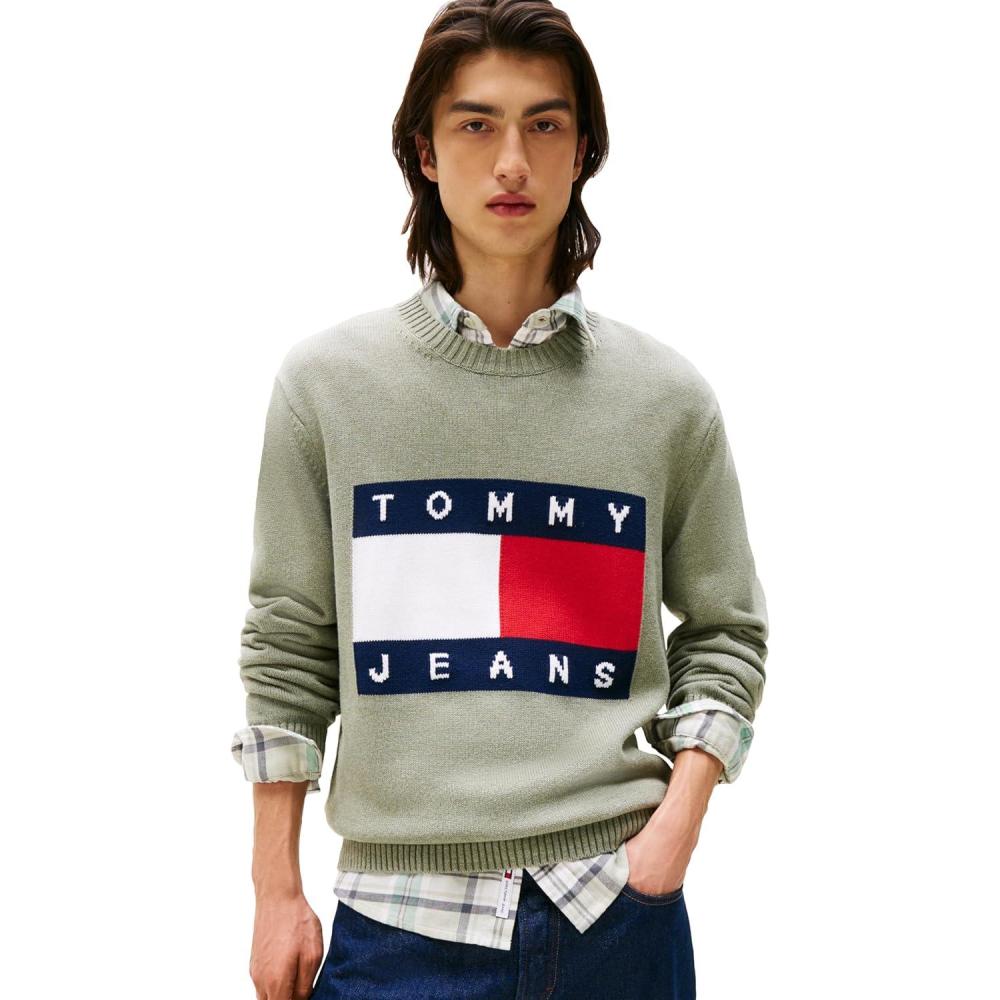 imageTommy Jeans Mens Medium Weight Crewneck Sweater with Flag LogoUtility Sage Heather