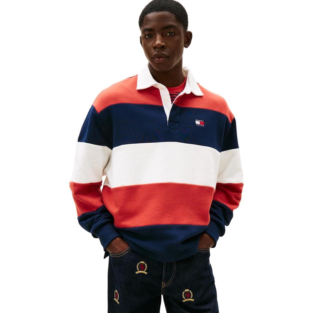 imageTommy Jeans Mens Striped Medium Weight Rugby Polo with Embroidered LogoDark Night Navy  Terracotta Red  Ecru