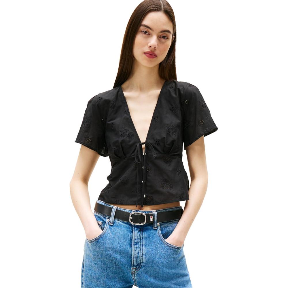 imageTommy Jeans Womens Casual Cotton Blouse with Front Tie Eyelet Tops for WomenBlack
