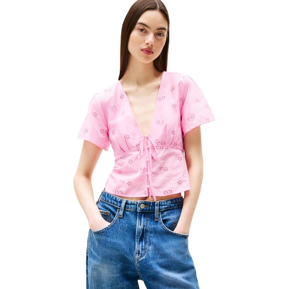 imageTommy Jeans Womens Casual Cotton Blouse with Front Tie Eyelet Tops for WomenCarnival Pink
