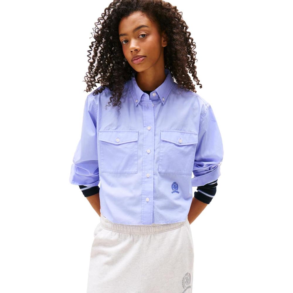 imageTommy Jeans Womens Crop Cotton Shirt with Embroidered Crest DetailVintage Iris