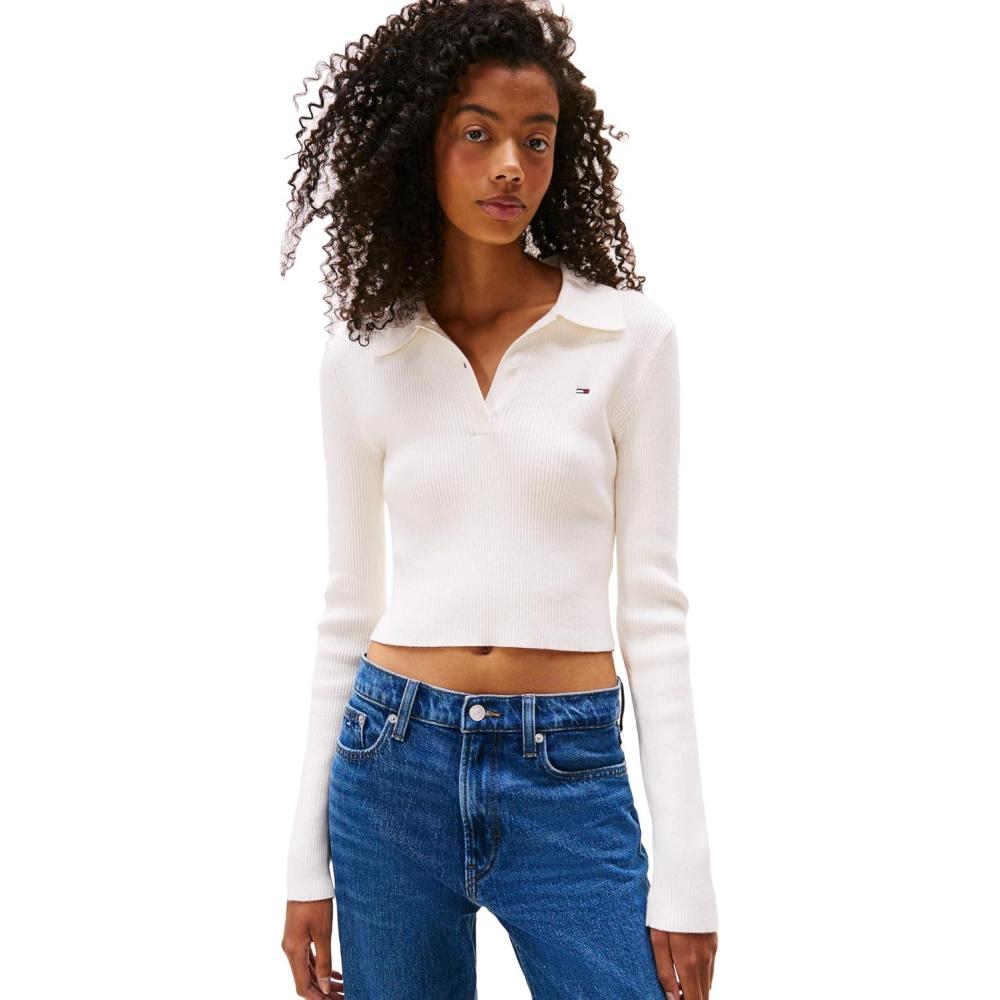 imageTommy Jeans Womens Medium Weight Long Sleeve Sweater Polo with Embroidered Flag LogoAncient White