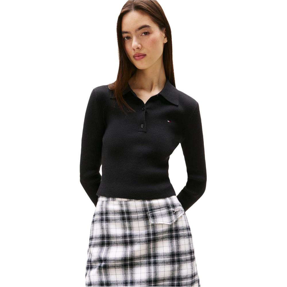 imageTommy Jeans Womens Medium Weight Long Sleeve Sweater Polo with Embroidered Flag LogoBlack
