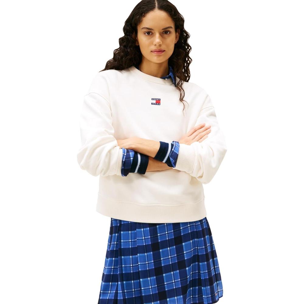 imageTommy Jeans Womens Medium Weight Pullover Crewneck with Center Embroidered Flag LogoAncient White