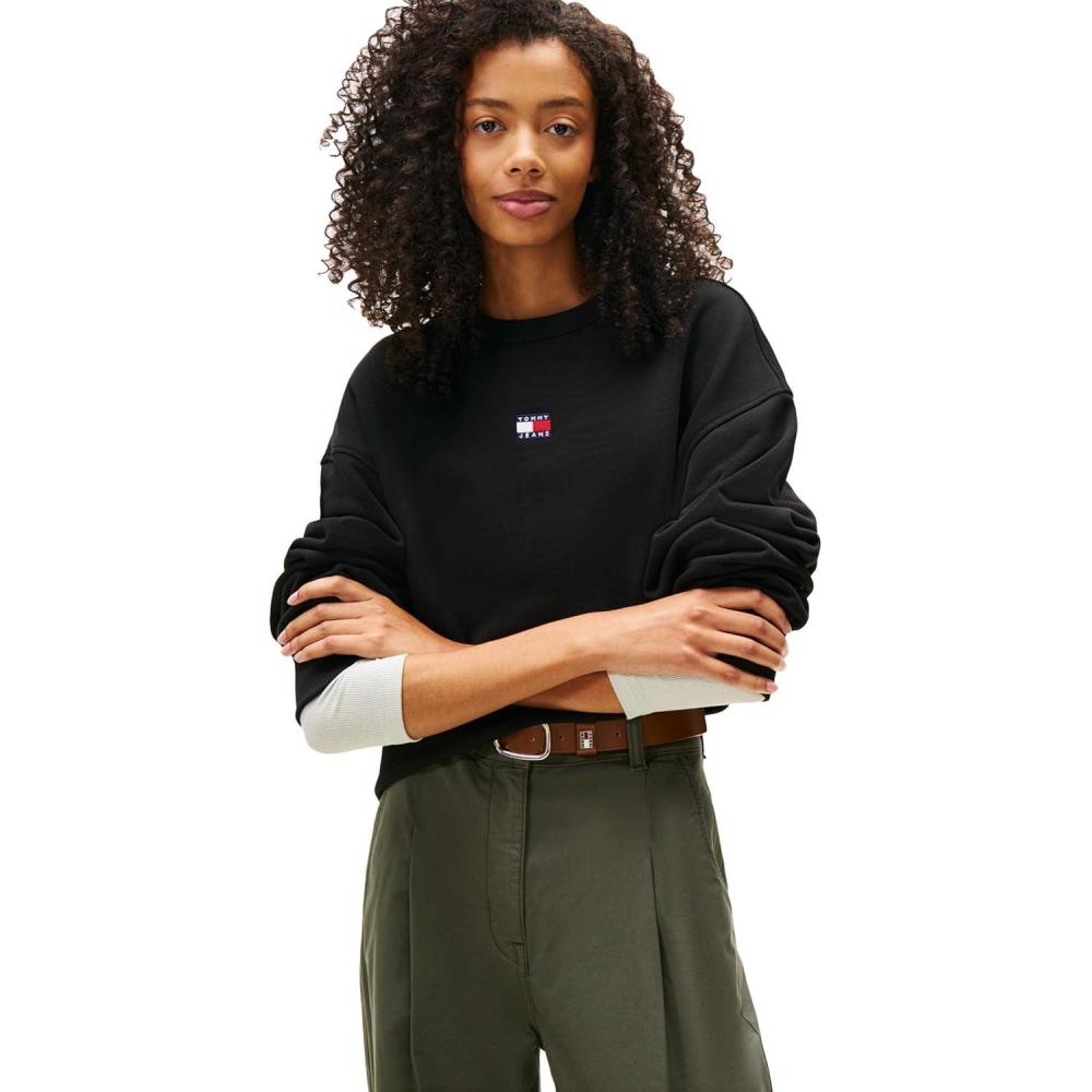 imageTommy Jeans Womens Medium Weight Pullover Crewneck with Center Embroidered Flag LogoBlack