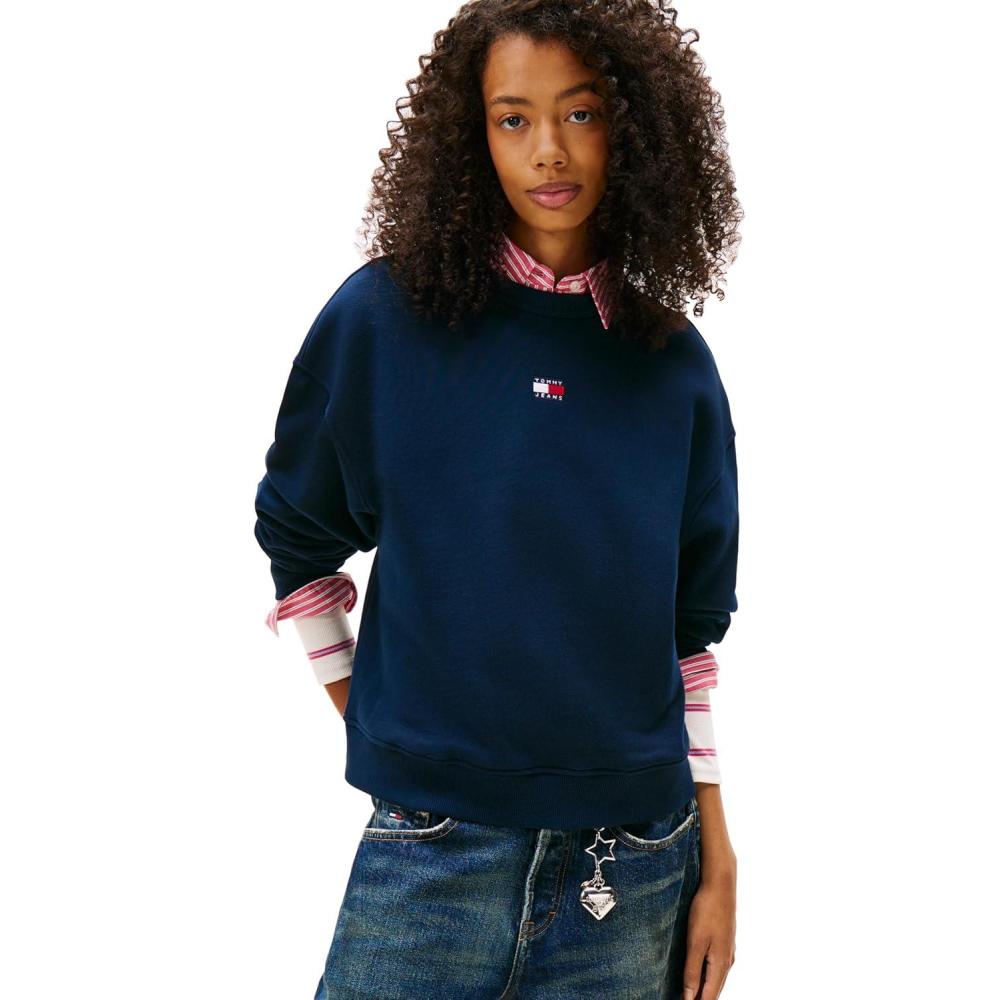 imageTommy Jeans Womens Medium Weight Pullover Crewneck with Center Embroidered Flag LogoDark Night Navy