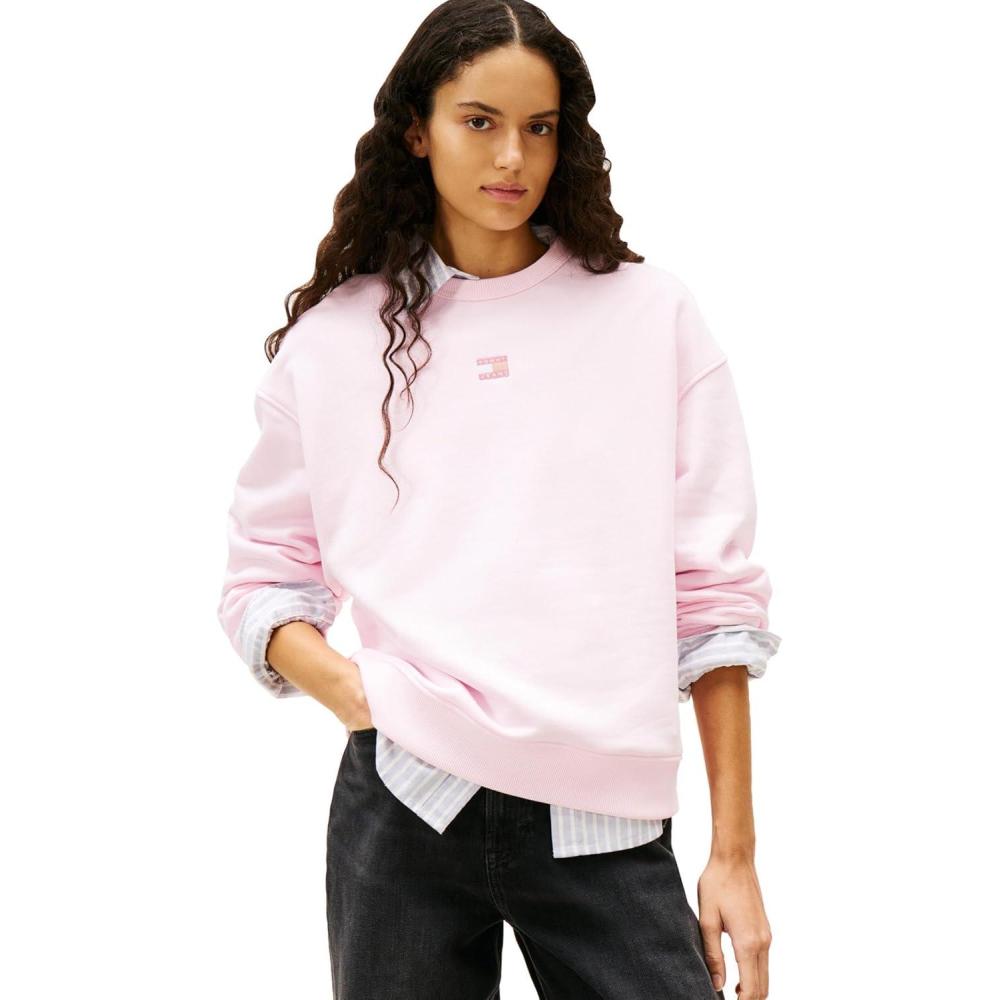 imageTommy Jeans Womens Medium Weight Pullover Crewneck with Center Embroidered Flag LogoLight Pink