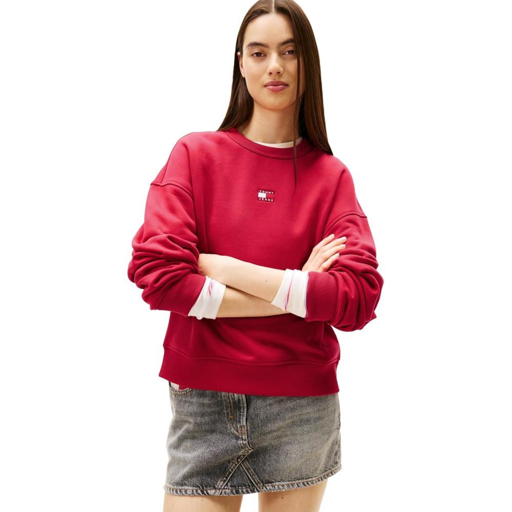 imageTommy Jeans Womens Medium Weight Pullover Crewneck with Center Embroidered Flag LogoRuby Rhubarb