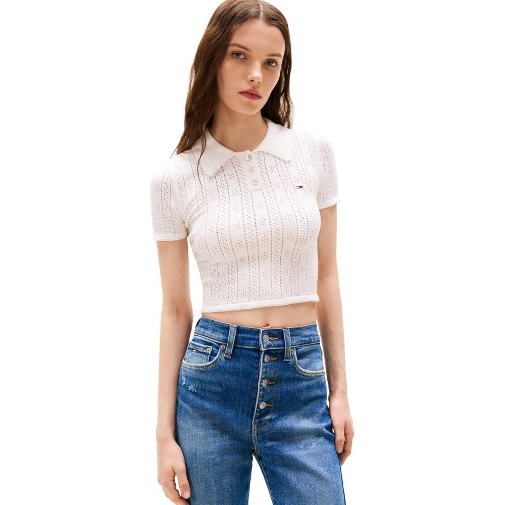 imageTommy Jeans Womens Short Sleeve Knit Polo with Texture DetailsEcru