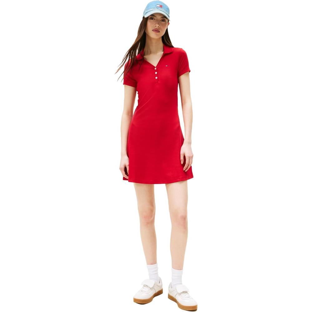 imageTommy Jeans Womens Short Sleeve Polo Dress with Stretch Summer Casual DressesSapphire Red