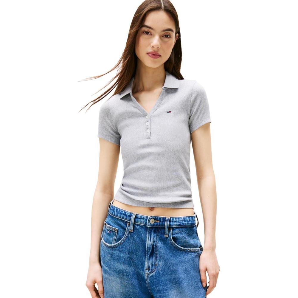 imageTommy Jeans Womens Short Sleeve V Neck Polo Shirt with Ribbed Knit DesignGrey Heather