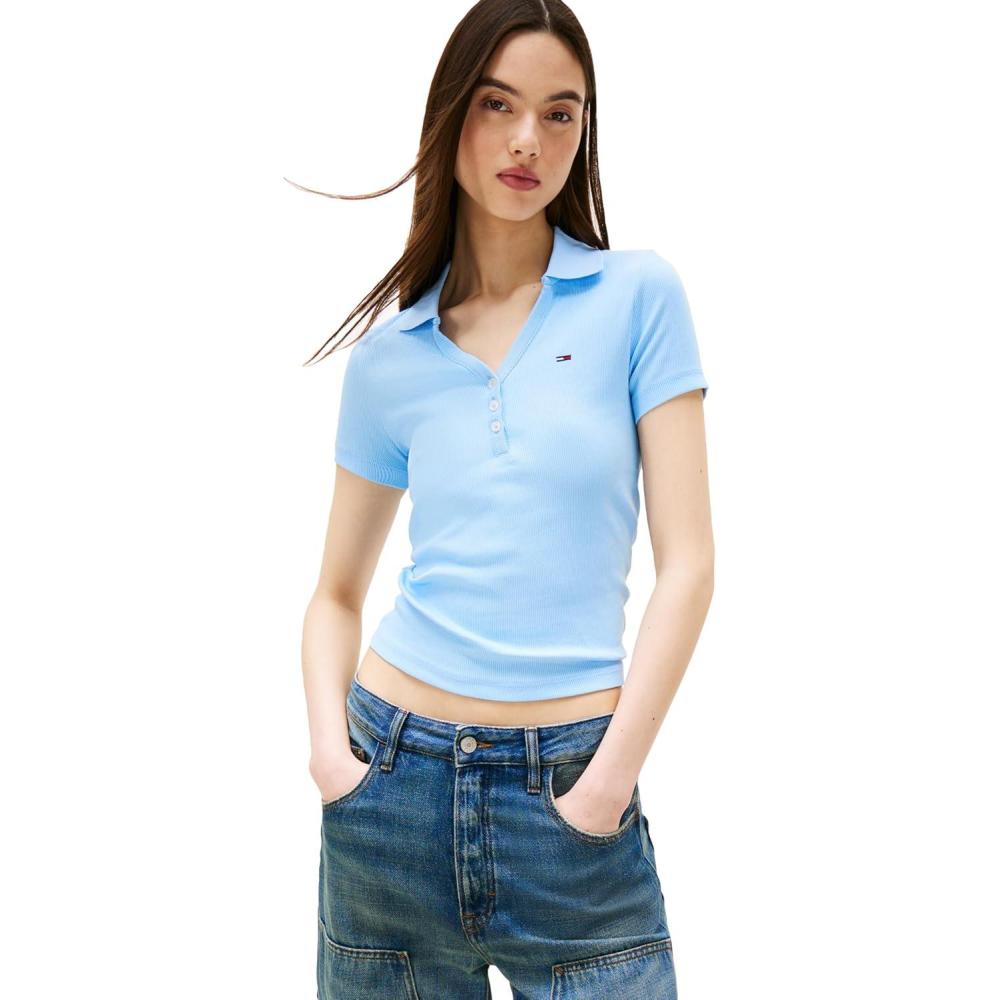 imageTommy Jeans Womens Short Sleeve V Neck Polo Shirt with Ribbed Knit DesignLight Powdery Blue