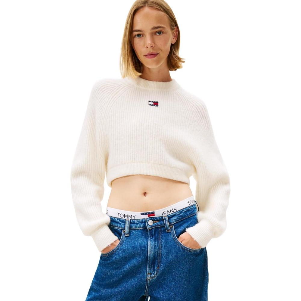 imageTommy Jeans Womens Wool Blend Pullover Crewneck Sweater with Embroidered Flag LogoAncient White