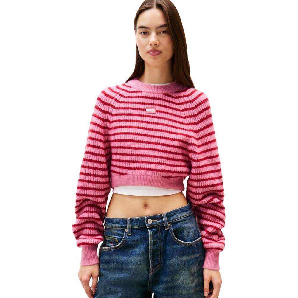 imageTommy Jeans Womens Wool Blend Pullover Crewneck Sweater with Embroidered Flag LogoMystic Pink  Stripe