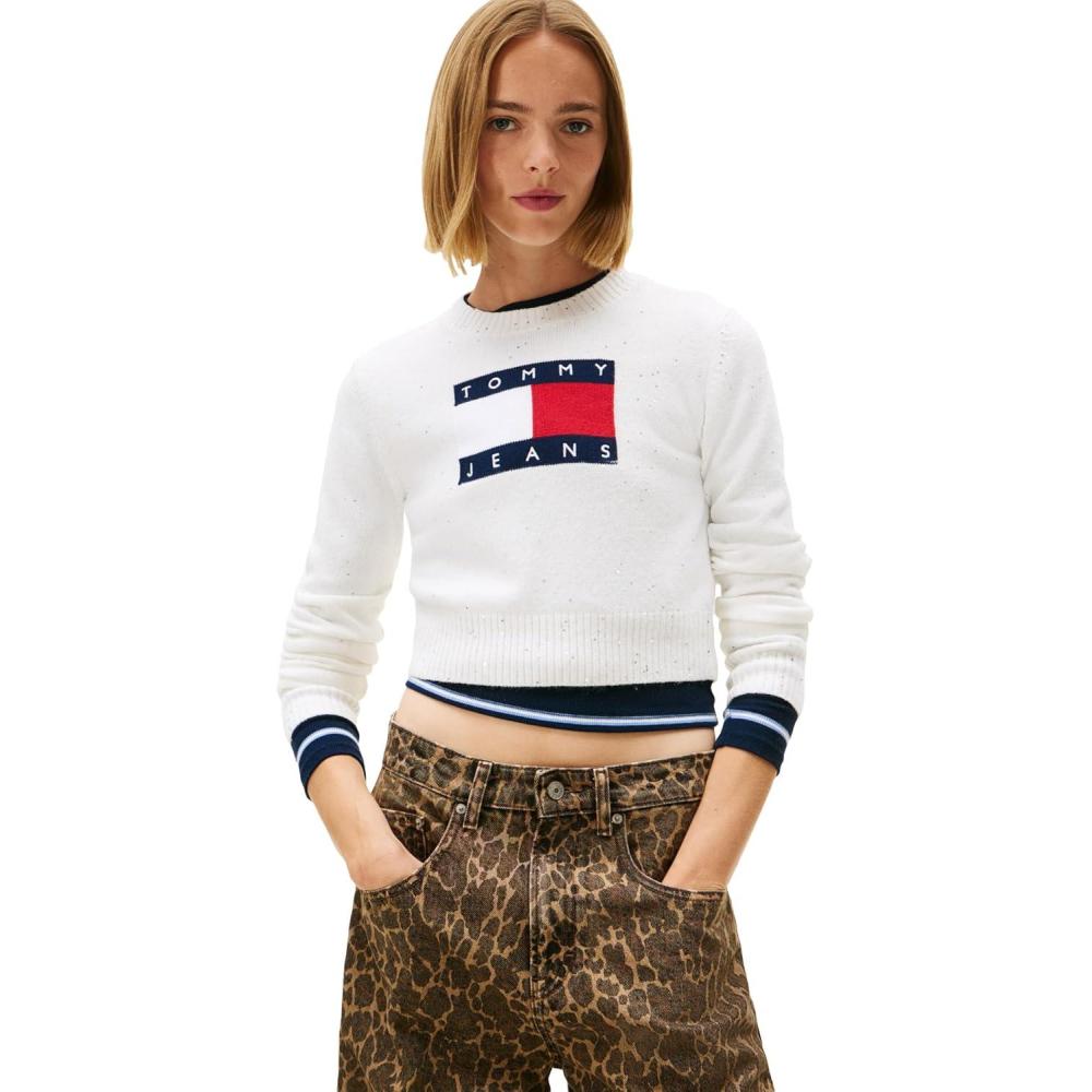 imageTommy Jeans womens Long Sleeve Pullover Crewneck Sweater With Big Flag Logo and Sparkle DetailAncient White