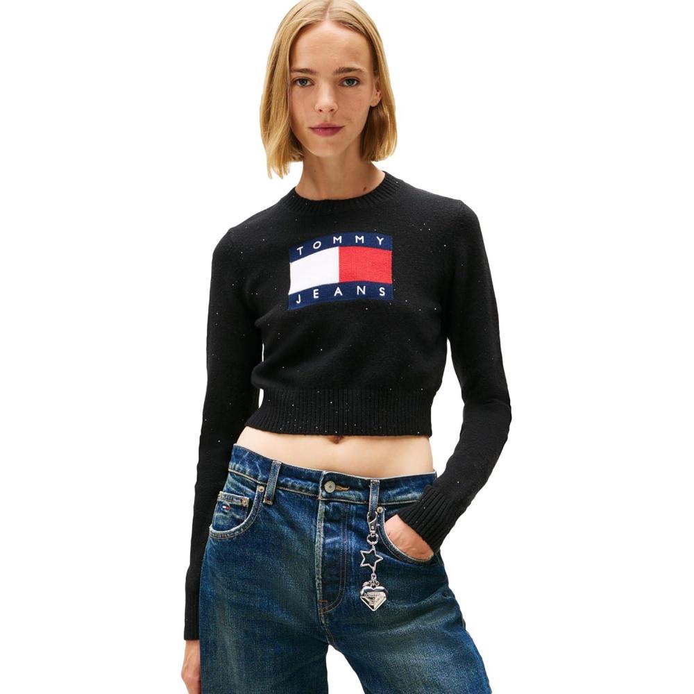 imageTommy Jeans womens Long Sleeve Pullover Crewneck Sweater With Big Flag Logo and Sparkle DetailBlack