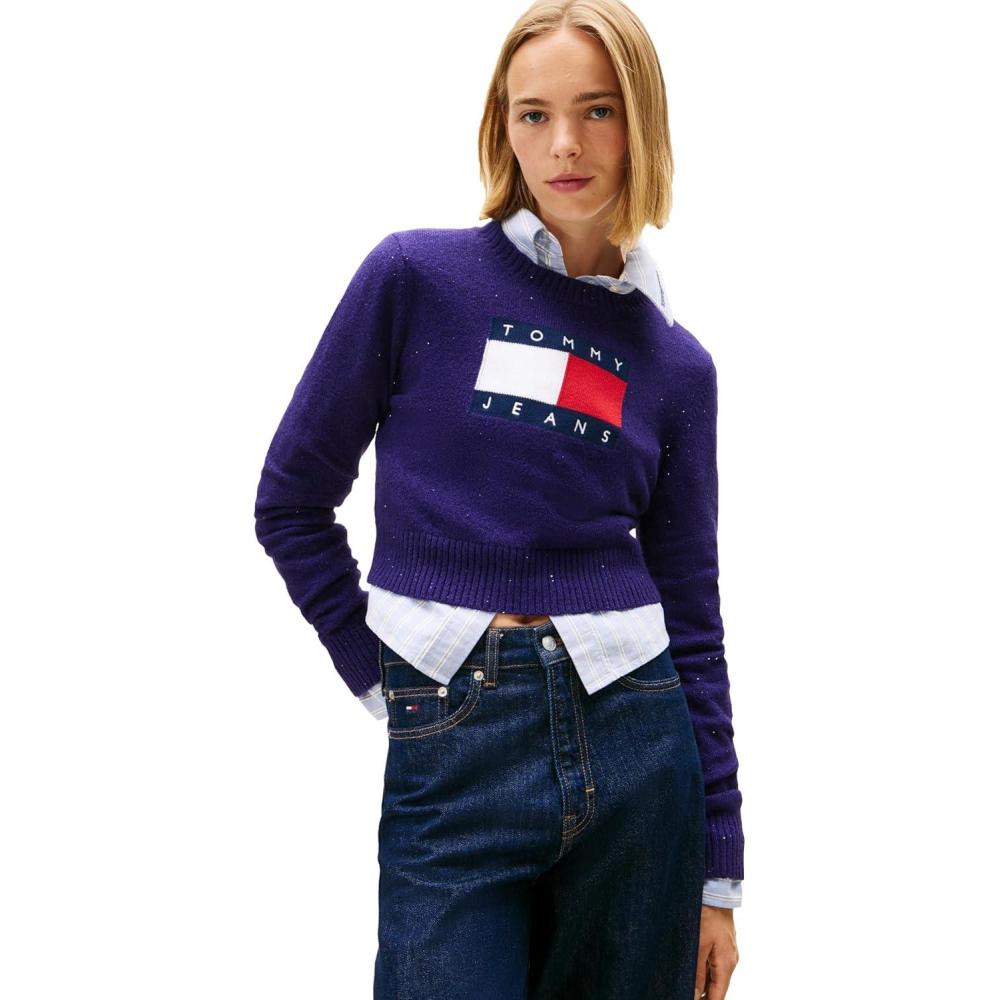 imageTommy Jeans womens Long Sleeve Pullover Crewneck Sweater With Big Flag Logo and Sparkle DetailNocturnal Purple