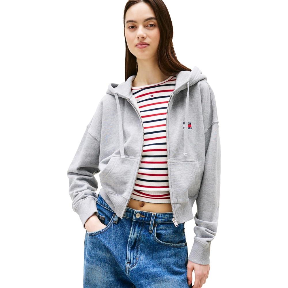 imageTommy Jeans womens Medium Weight Cropped Zip Hoodie With Embroidered Flag LogoGrey Heather