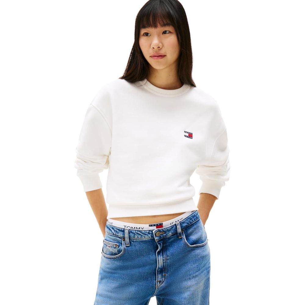 imageTommy Jeans womens Medium Weight Pullover Crewneck With Embroidered Flag LogoEcru
