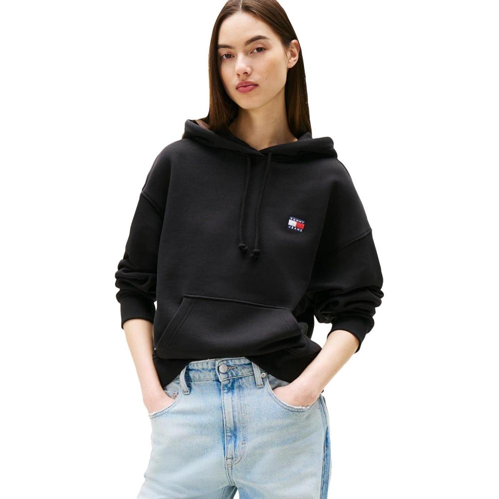 imageTommy Jeans womens Medium Weight Pullover Hoodie With Embroidered Flag LogoBlack