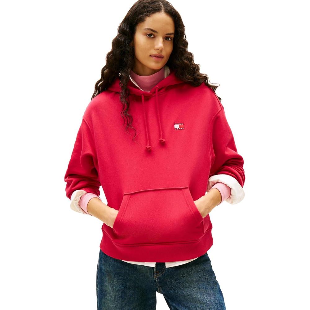 imageTommy Jeans womens Medium Weight Pullover Hoodie With Embroidered Flag LogoRuby Rhubarb