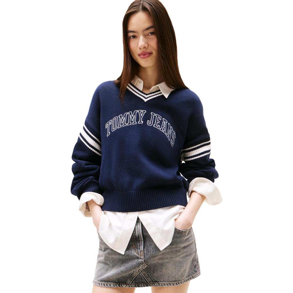 imageTommy Jeans womens Medium Weight Pullover Vneck Sweater With Printed LogoDark Night Navy