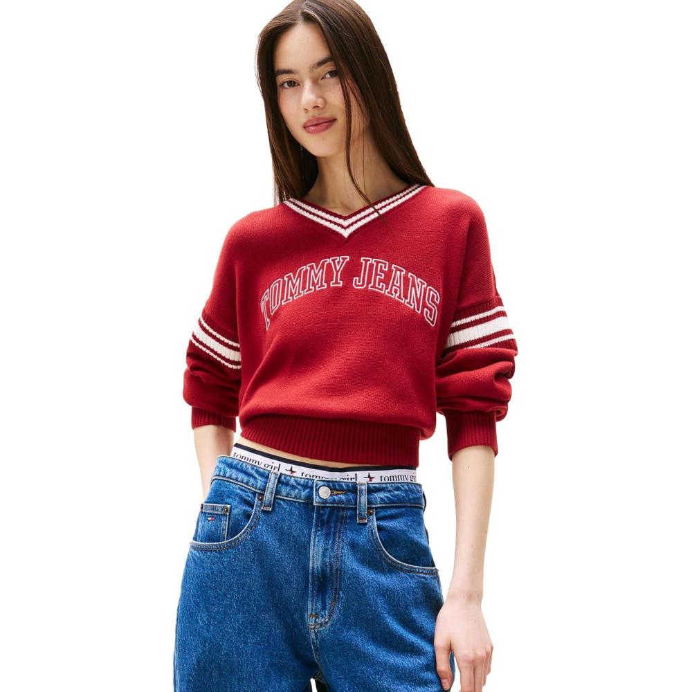 imageTommy Jeans womens Medium Weight Pullover Vneck Sweater With Printed LogoRegatta Red